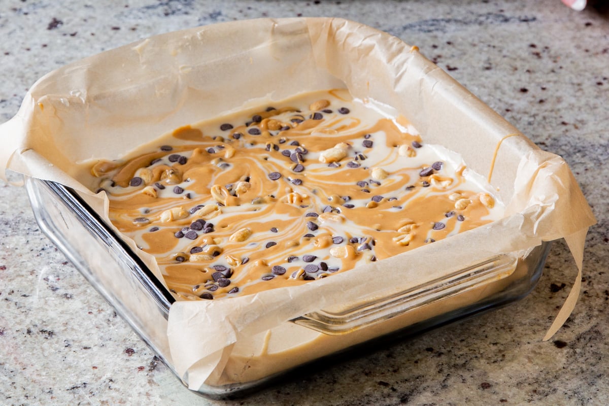 Snickers cake with the peanut butter swirled in, before baking