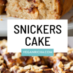 photos of sliced Snickers cake with text overlay