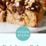 photo of sliced Snickers cake with text overlay