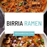image collage of birria ramen in bowls with a text overlay