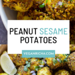 image collage of peanut sesame potatoes in a bowl and in the frying pan, text overlay