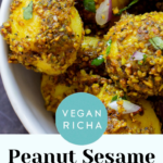 peanut sesame potatoes in a bowl, text overlay