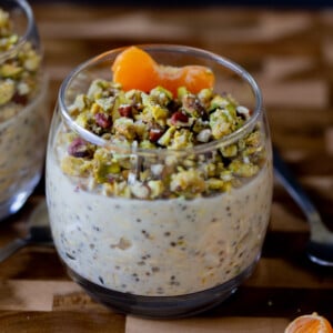 baklava overnight oats topped with nuts and oranges