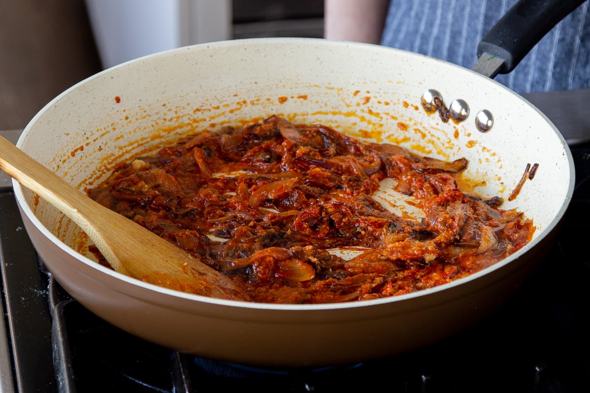 onion-harissa mixture in the pan, after cooking