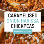 image collage of harissa chickpeas in a pan and a hand dipping naan into the chickpea mixture, text overlay