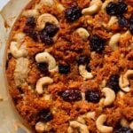 overhead photo of carrot halwa cake before slicing