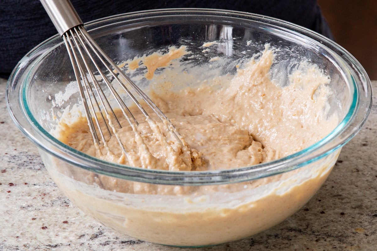 mixing the remaining dry ingredients into the wet
