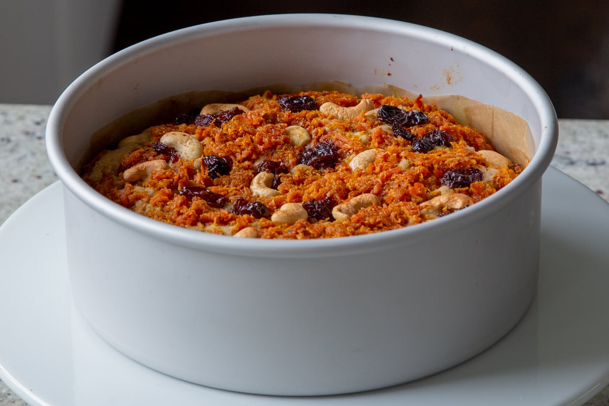 carrot halwa cake in the pan, after baking