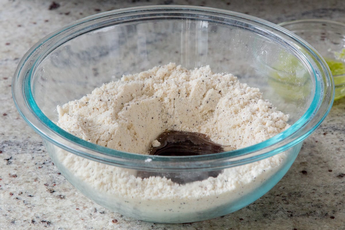 adding the wet ingredients to the dry
