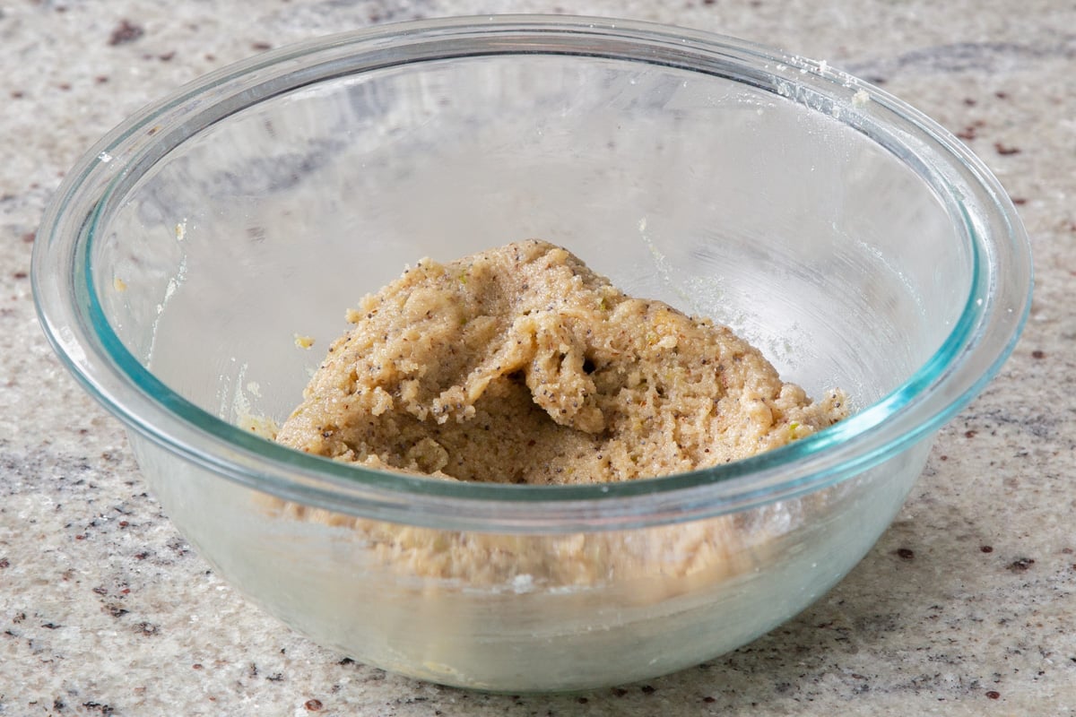 vegan lemon poppyseed cookie dough, after mixing in the turmeric