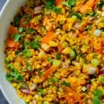 close-up of the serving bowl of moong dal chaat salad