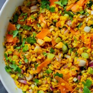 close-up of the serving bowl of moong dal chaat salad