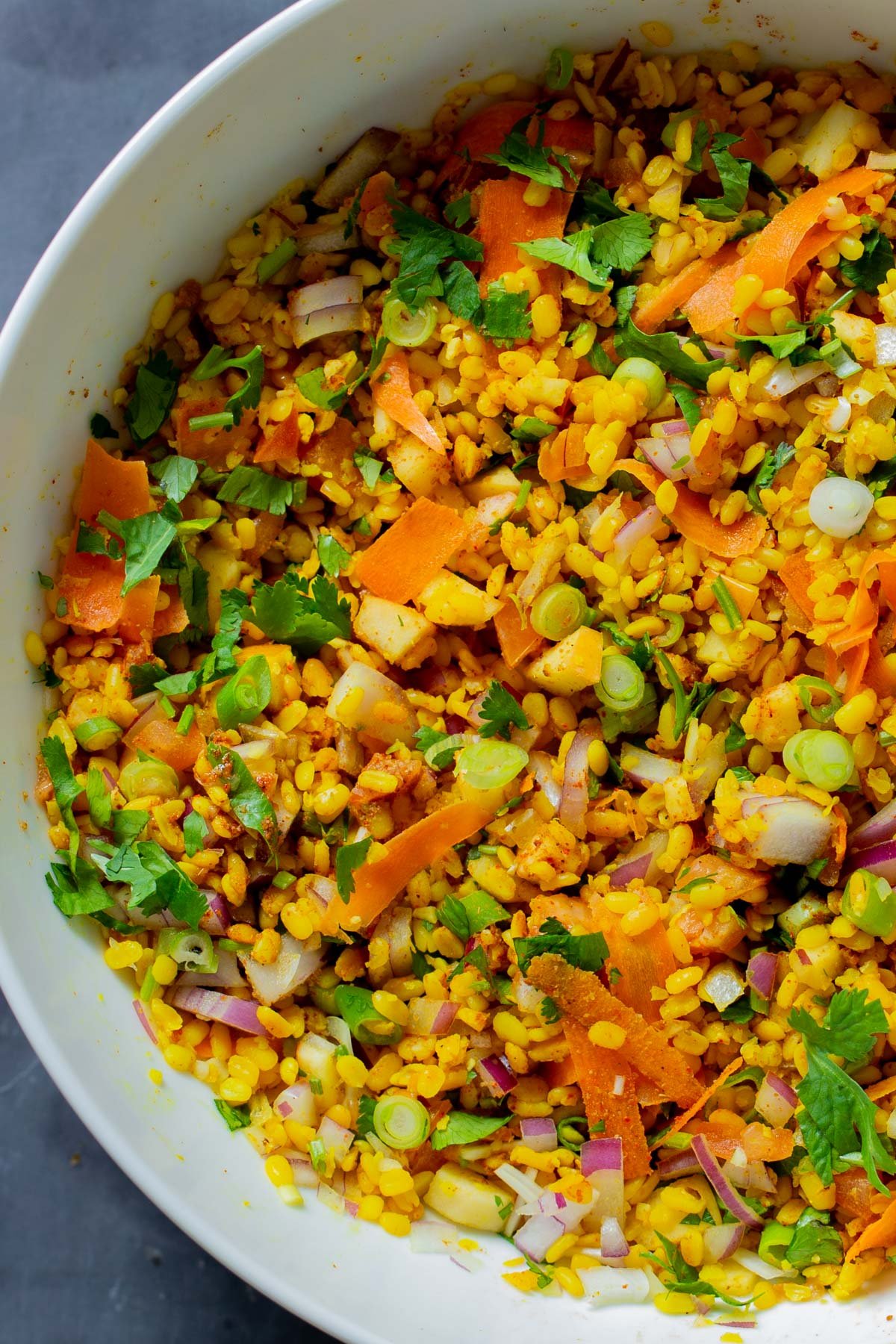 close-up of the serving bowl of moong dal chaat salad