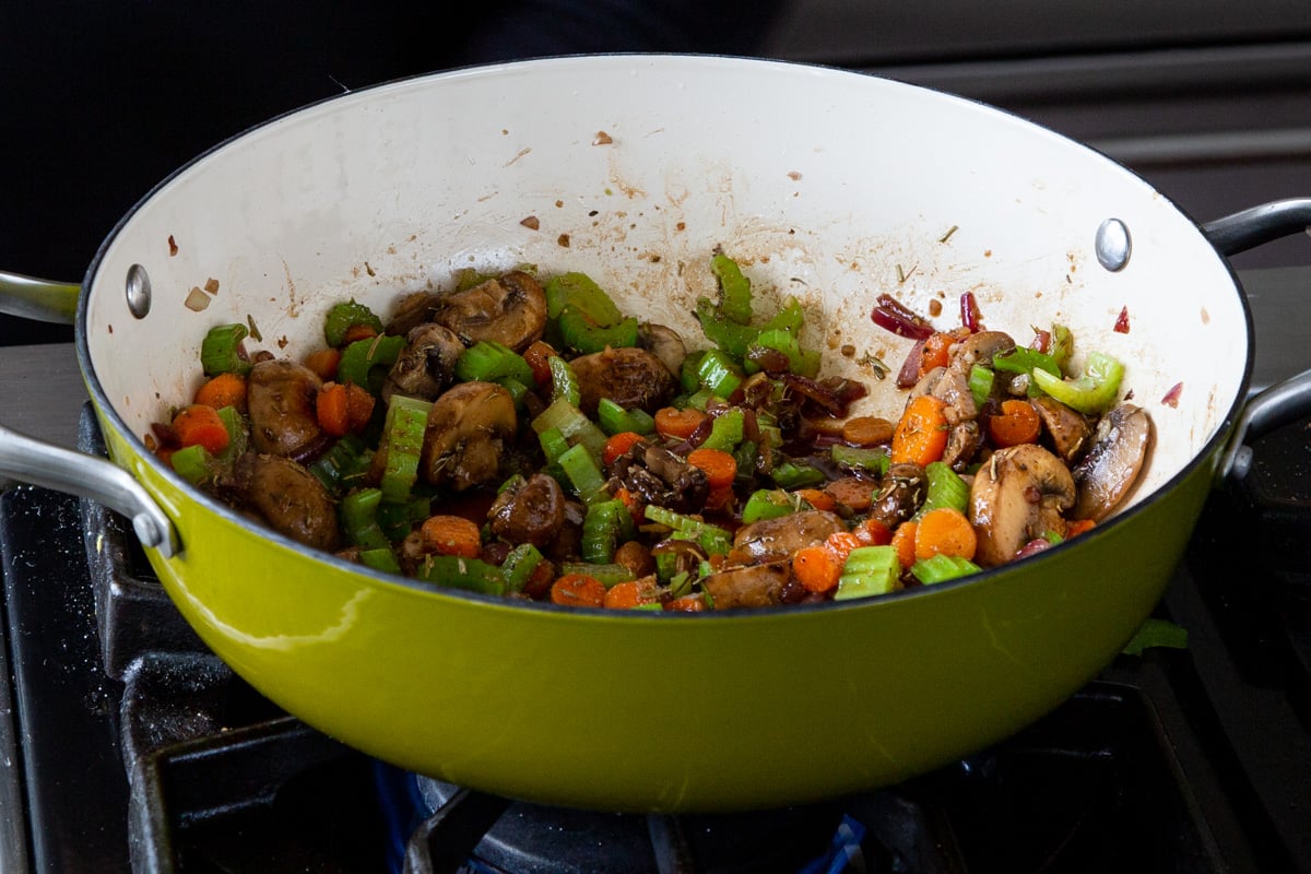 mushroom mixture in the pan, after cooking
