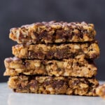 stack of crunchy granola bars, side shot, so you can see the texture inside
