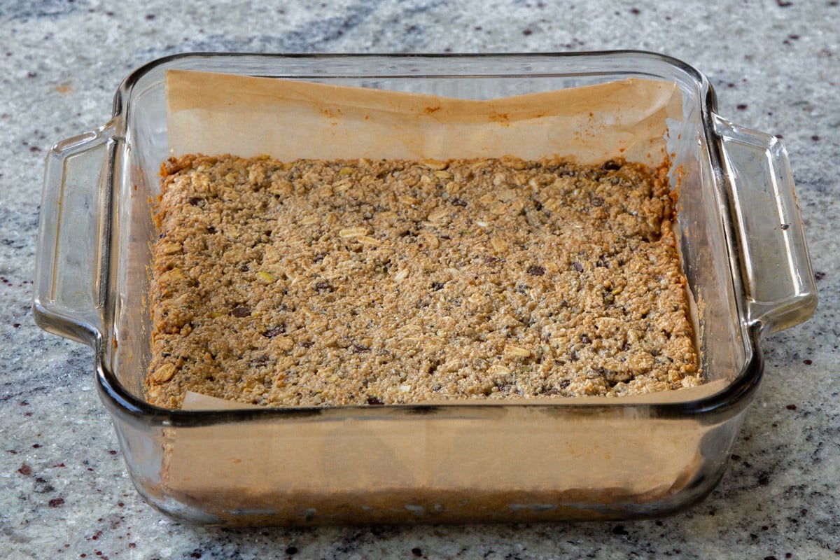 granola bar dough, pressed into the baking pan