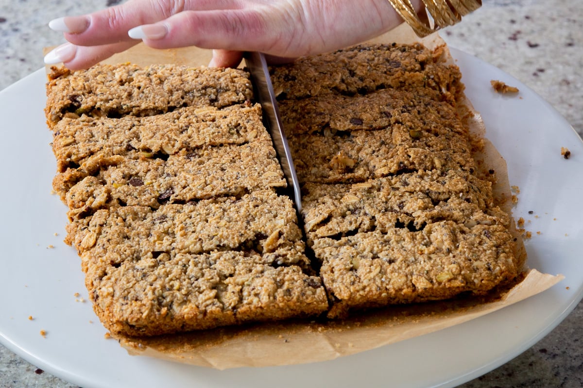 baked granola bars, during slicing