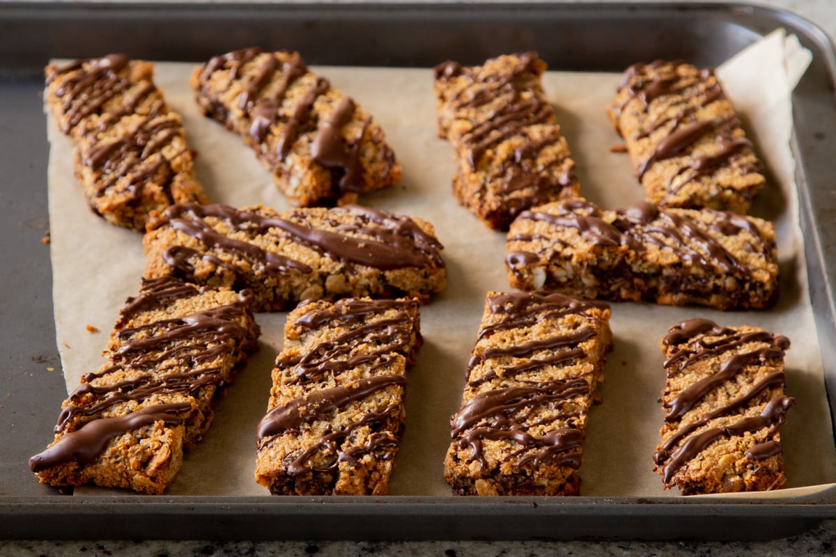 re-baked crunchy granola bars on the baking sheet
