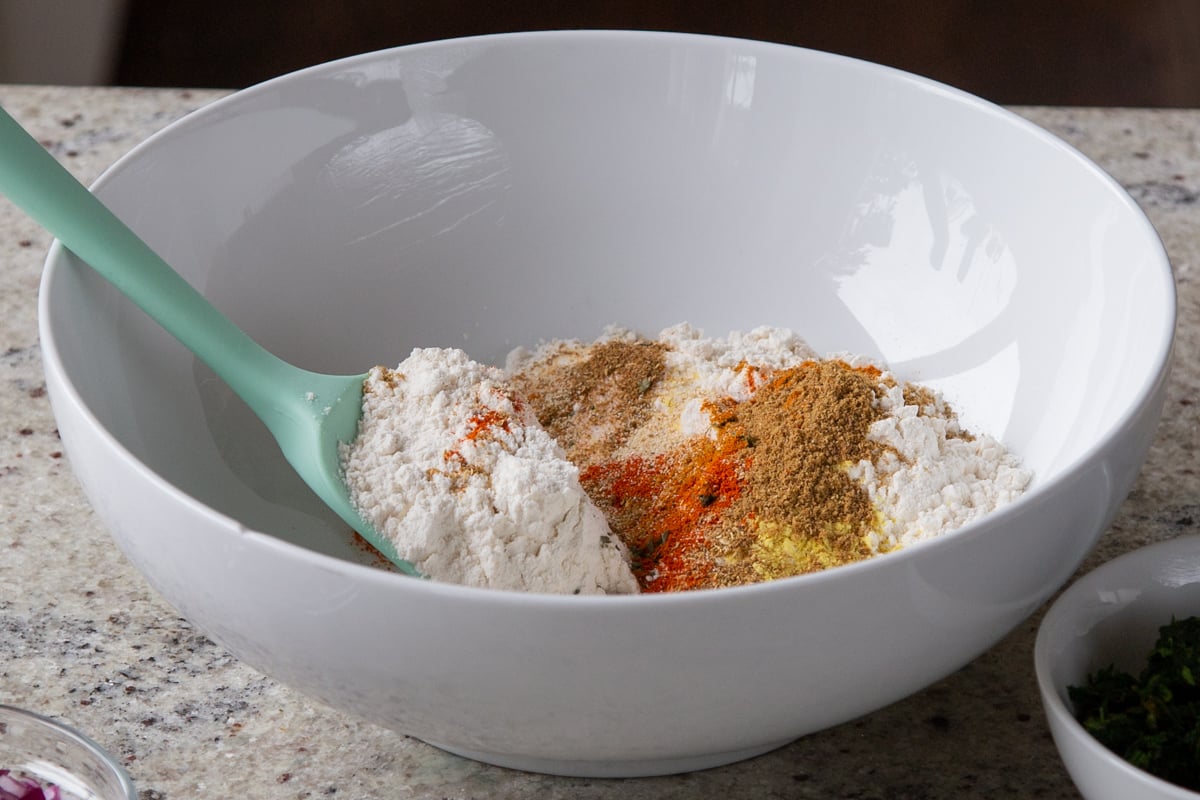 waffle dry ingredients in the mixing bowl, before mixing