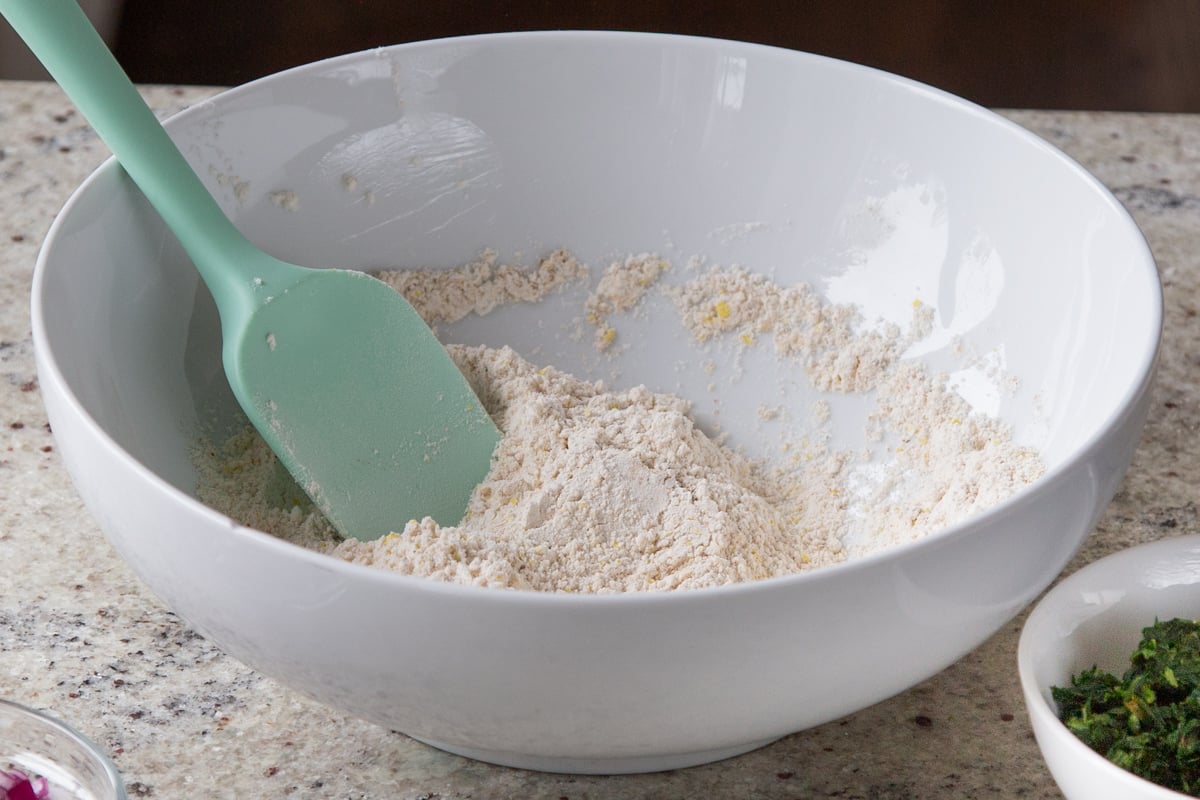 waffle dry ingredients in the mixing bowl, after mixing