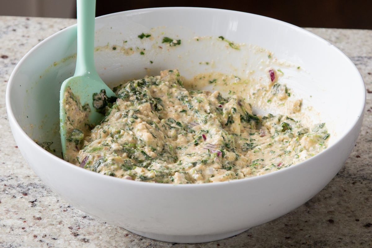 spinach waffle batter, after mixing