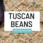 image collage of panfuls of Tuscan beans with a piece of flatbread dipped into it, text overlay