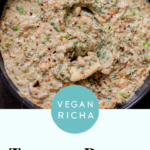 panful of Tuscan beans with a piece of flatbread dipped into it, text overlay