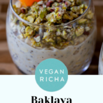 baklava overnight oats topped with nuts and oranges, text overlay