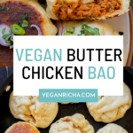 image collage of serving plate of butter chicken bao with one flipped so you can see the crispy bottom and one town in half so you can see the filling and the bao in the frying pan, text overlay