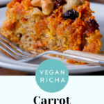 photo of a slice of carrot halwa cake with text overlay