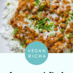 bowl of lasooni dal over rice with cilantro and a swirl of cream, text overlay