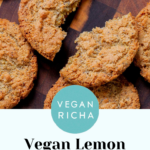 vegan lemon image collage of vegan lemon poppyseed cookies with a text overlay cookies on a wooden table, text overlay