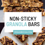 2 photos of crunchy granola bars with chocolate topping on a white plate, text overlay