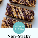 crunchy granola bars with chocolate topping on a white plate, text overlay