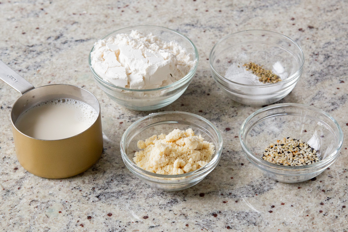 biscuit topping ingredients in bowls on a kitchen counter