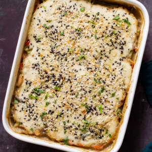 pan of everything bagel pot pie, after baking
