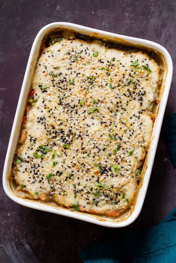 pan of everything bagel pot pie, after baking
