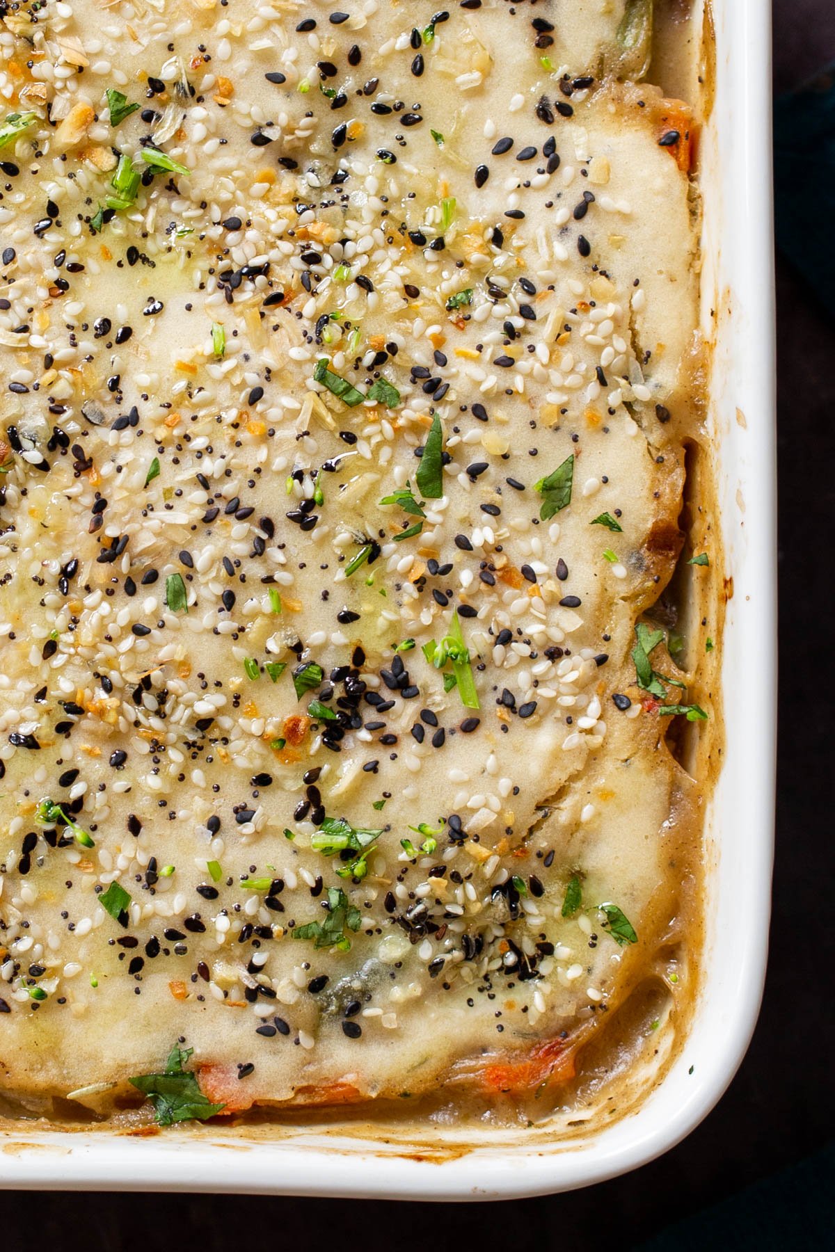 close-up of pan of everything bagel pot pie, after baking