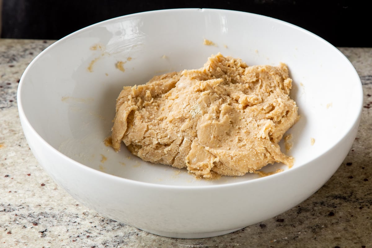 dough for mango bars in the bowl, after mixing