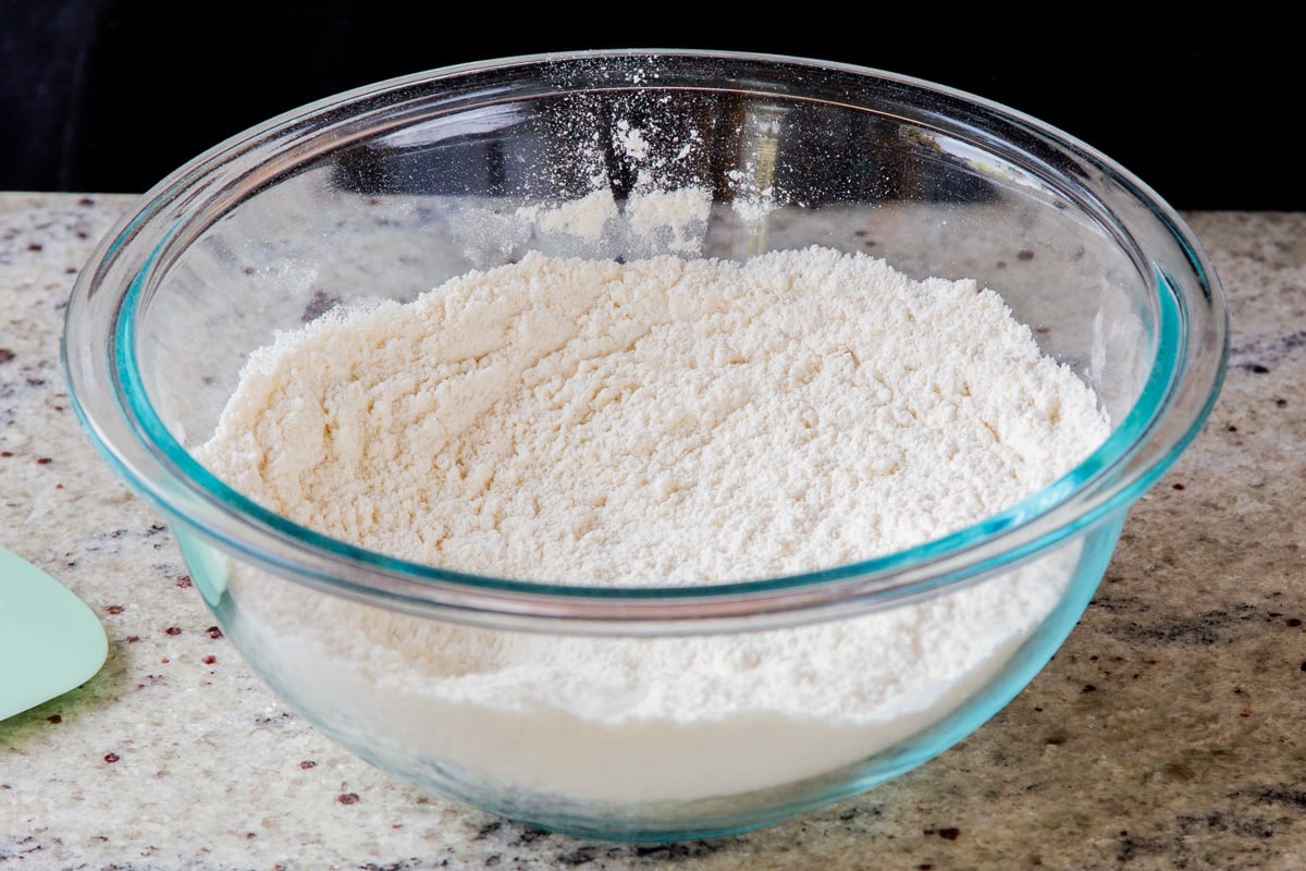dry ingredients in the mixing bowl, after mixing and making a well in the center
