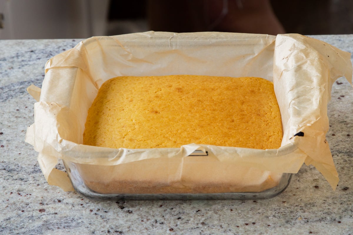 mango tiramisu cake layer, after baking