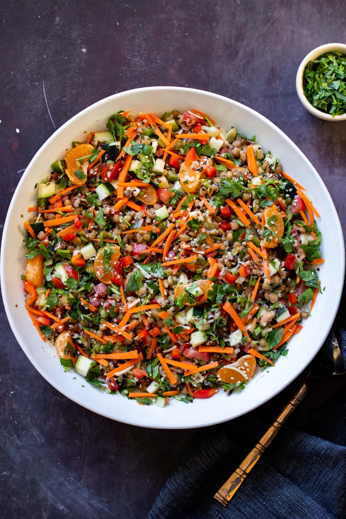lentil quinoa salad with veggies in a bowl