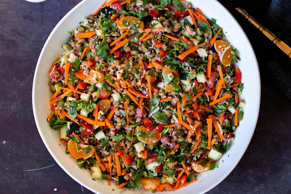 lentil quinoa salad with veggies in a bowl
