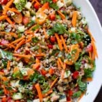 close-up of lentil quinoa salad with veggies in a bowl