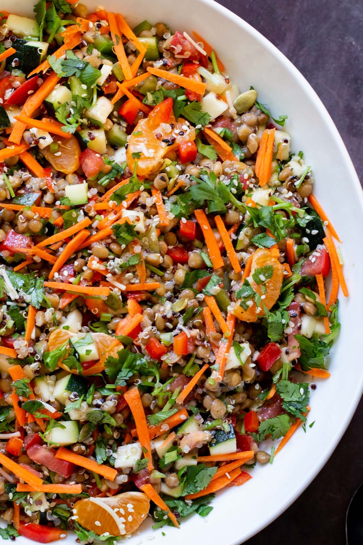 close-up of lentil quinoa salad with veggies in a bowl