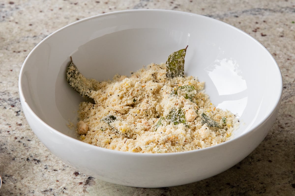 toasted semolina and spices in a mixing bowl