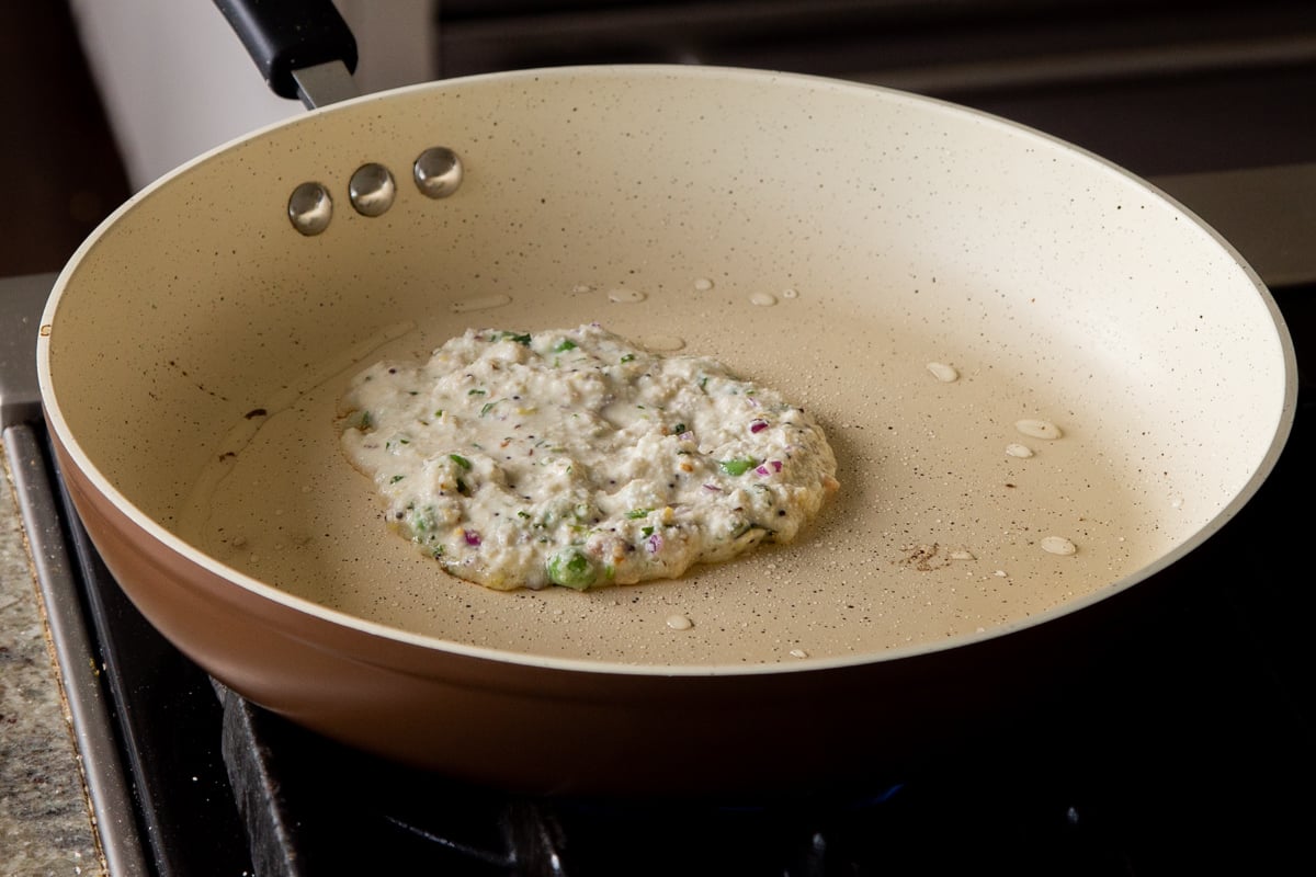 rava idli pancake in the pan, before cooking