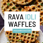 plates of rava idli waffles, text overlay