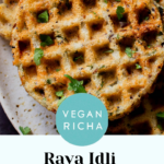 plate of rava idli waffles, text overlay