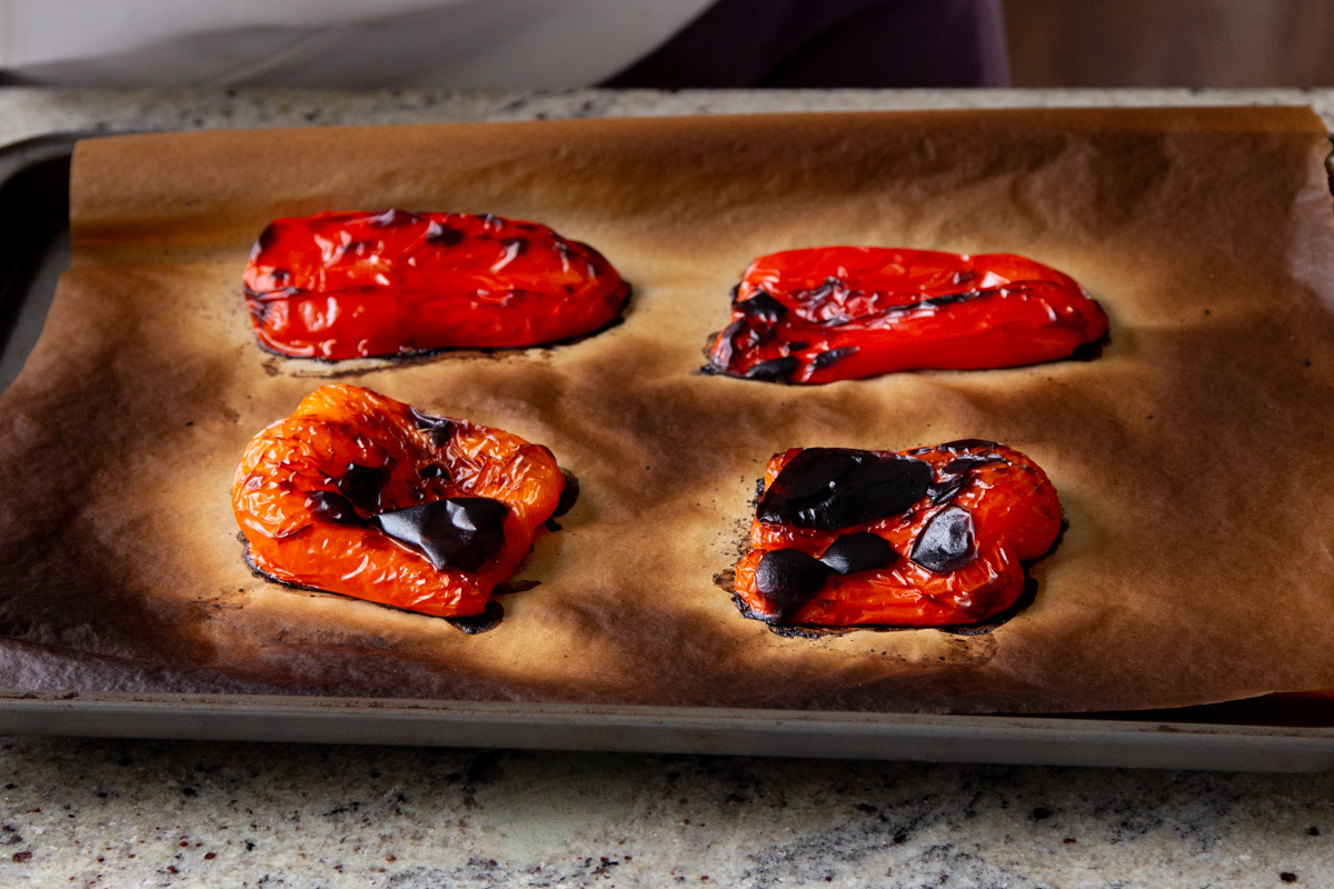 roasted red peppers on the baking sheet